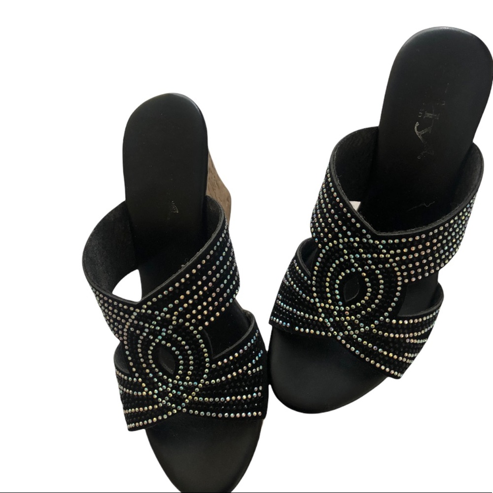 Black and Silver Rhinestone Wedge Sandals size 6.5